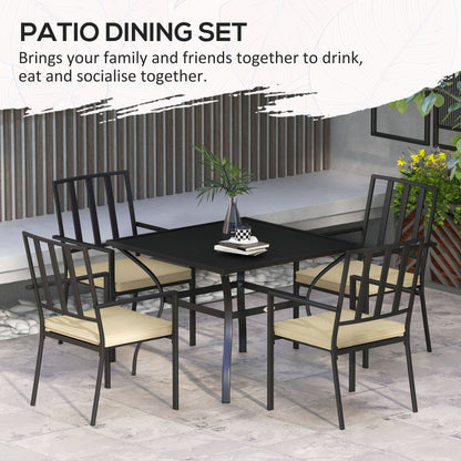 Outsunny 5 Pieces Garden Dining Set with Cushions, Outdoor Table and 4 Stackable Chairs, Metal Top Table with Umbrella Hole, Black