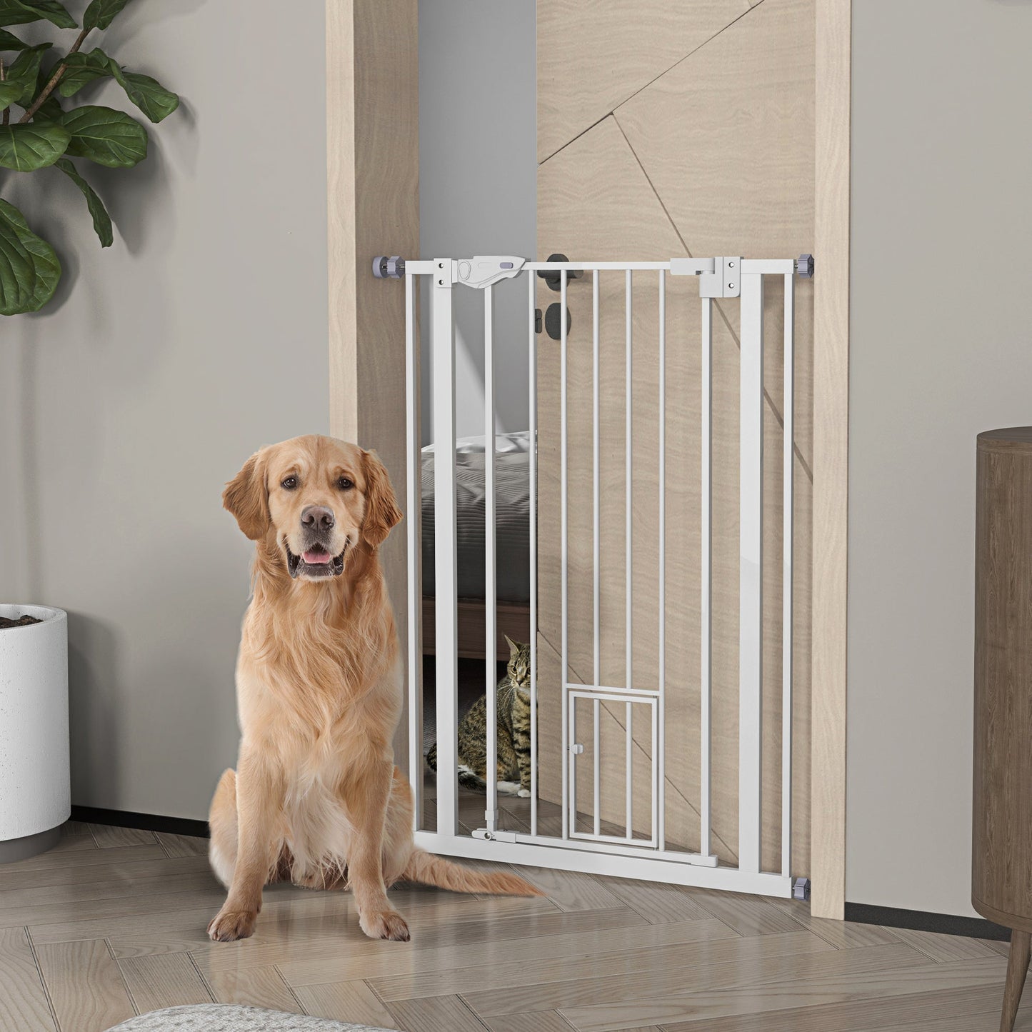 بوابة PawHut Extra Tall Pet Gate، بوابة أمان للكلاب في الأماكن المغلقة، مع فتحة للقطط، إغلاق تلقائي، عرض 74-80 سم - أبيض