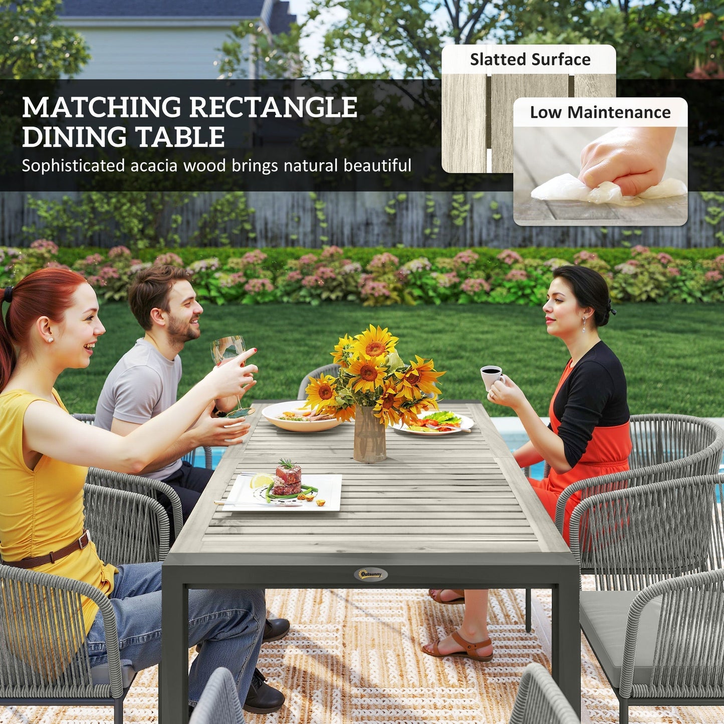 Outsunny Rattan Dining Set, 6 Seater Rattan Garden Furniture Set with Acacia Wood Top Rectangle Table, 6 Chairs, Washable Seat Cushions, for Outdoor, Patio, Conservatory, Grey