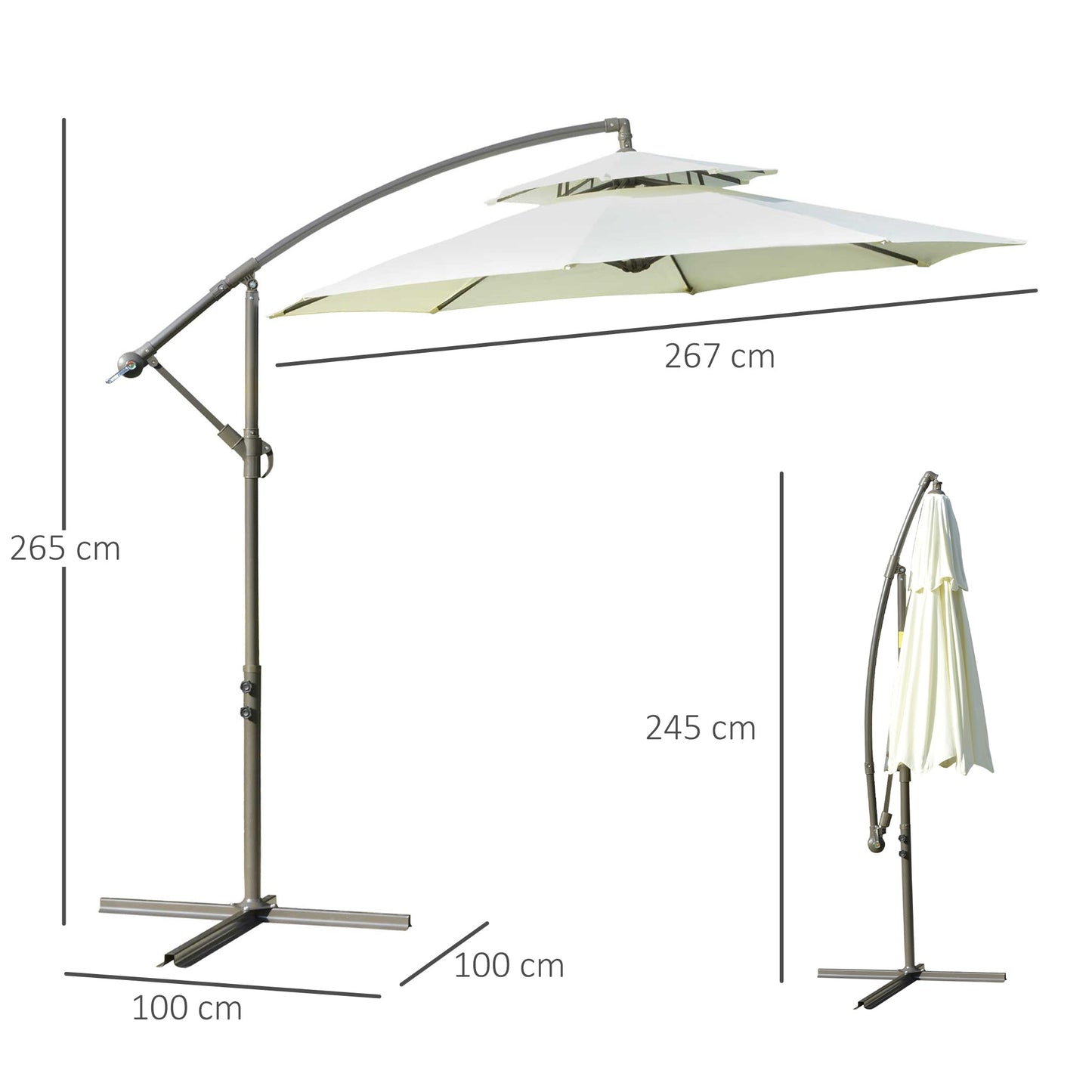 Outsunny 2.7m Garden Banana Parasol Cantilever Umbrella with Crank Handle, Double Tier Canopy and Cross Base for Outdoor, Hanging Sun Shade, Beige