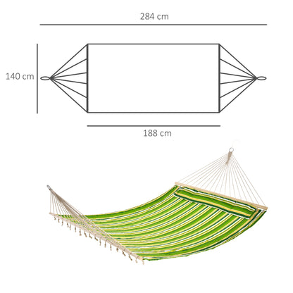 Outsunny Double Cotton Hammock Camping Swing Outdoor Garden Beach Stripe Hanging Bed with Pillow 188L x 140W cm, Green