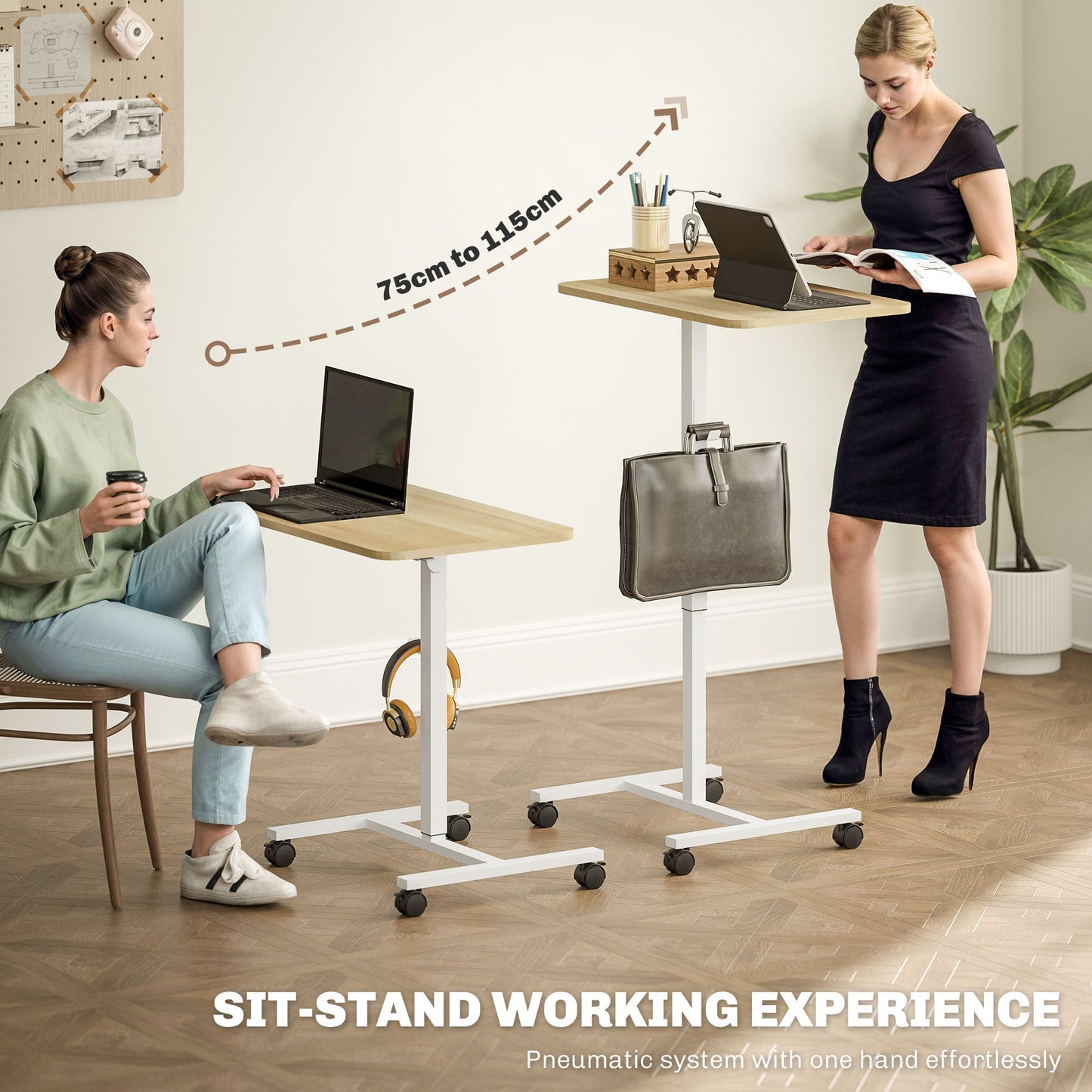 HOMCOM Height Adjustable Standing Desk, Pneumatic Sit Stand Desk for Laptop, Mobile Overbed Table with Wheels and Headphone Hook for Home Office, Natural Wood Finish