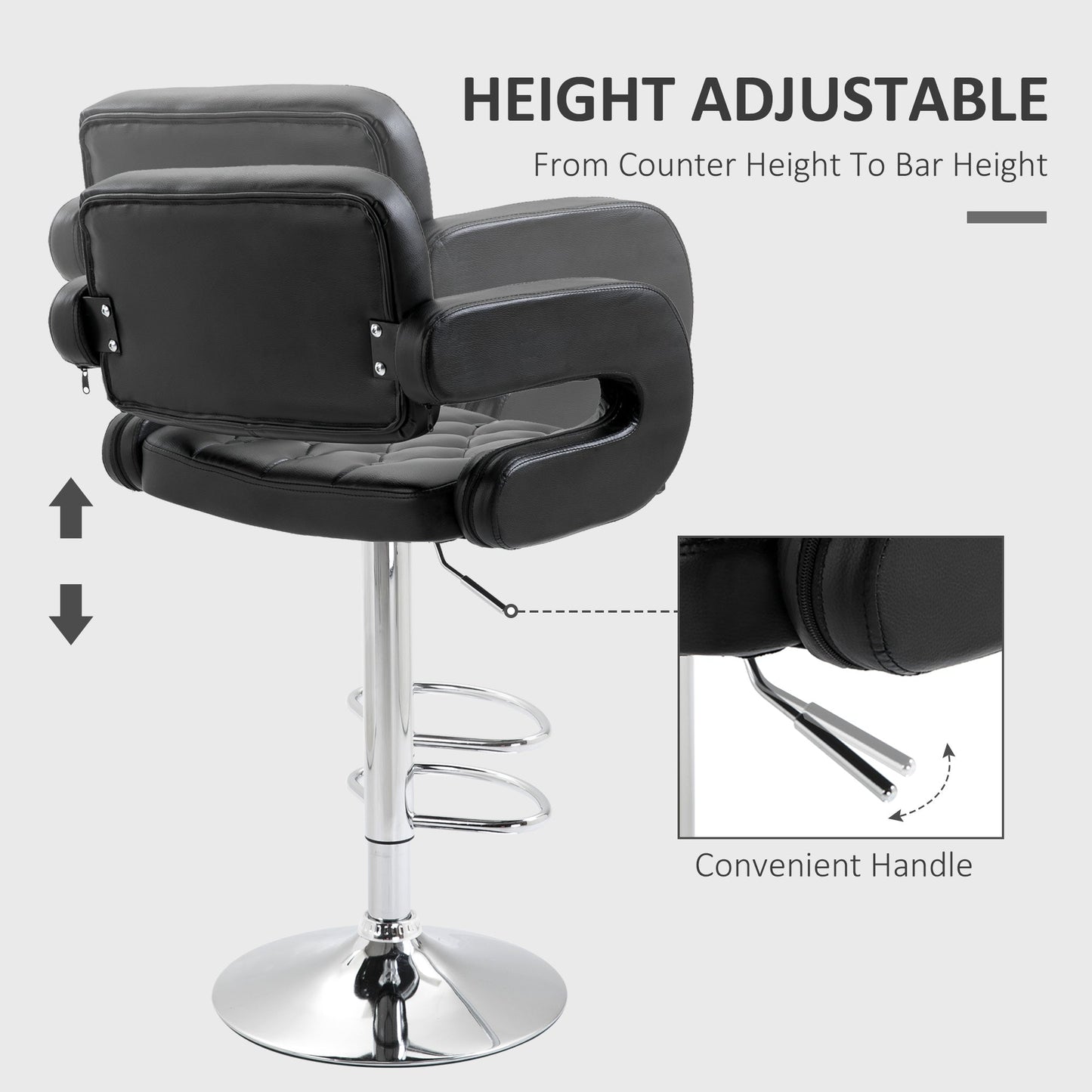 Set of 2 PU Leather Upholstered Swivel Bar Stool, Height Adjustable Barstool with Back, Armrest, Footrest for Kitchen