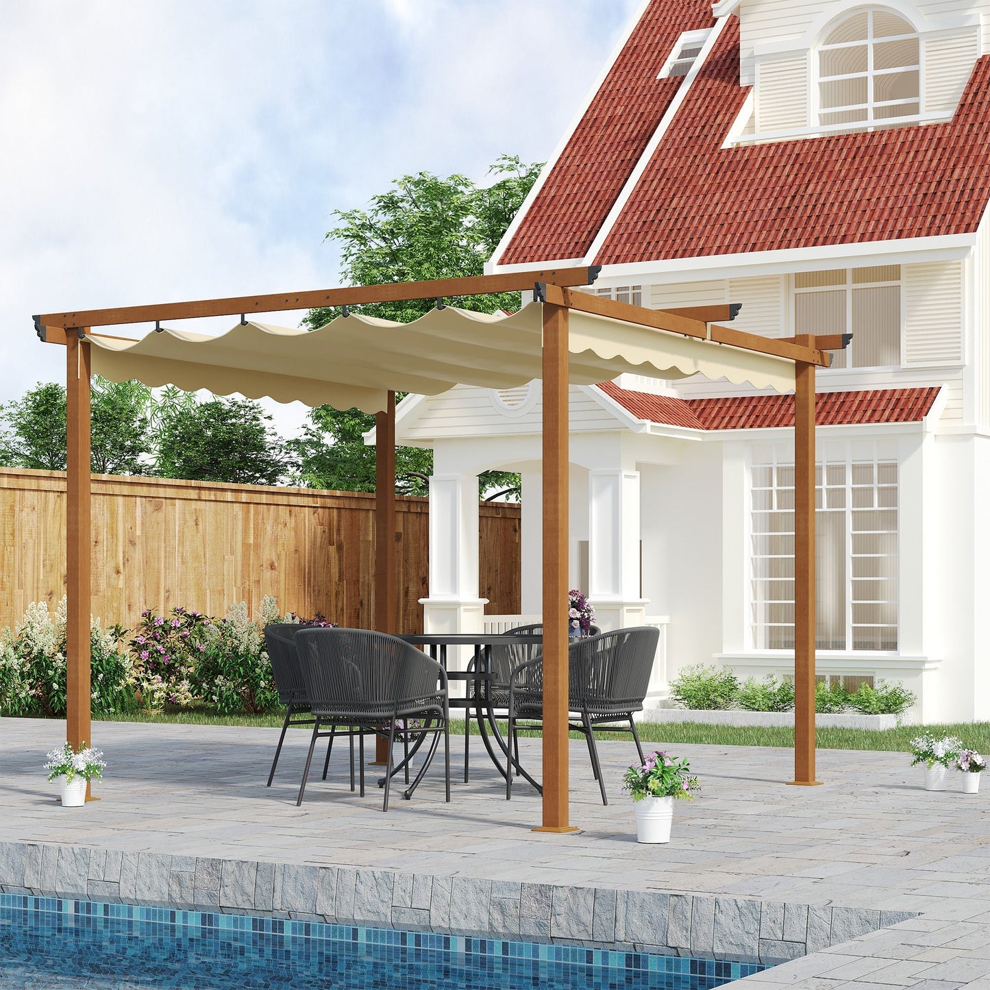 3 x 3 m Outdoor Pergola Canopy Patio Gazebo Sun Shelter with Retractable Roof Aluminium Frame for Garden, Khaki