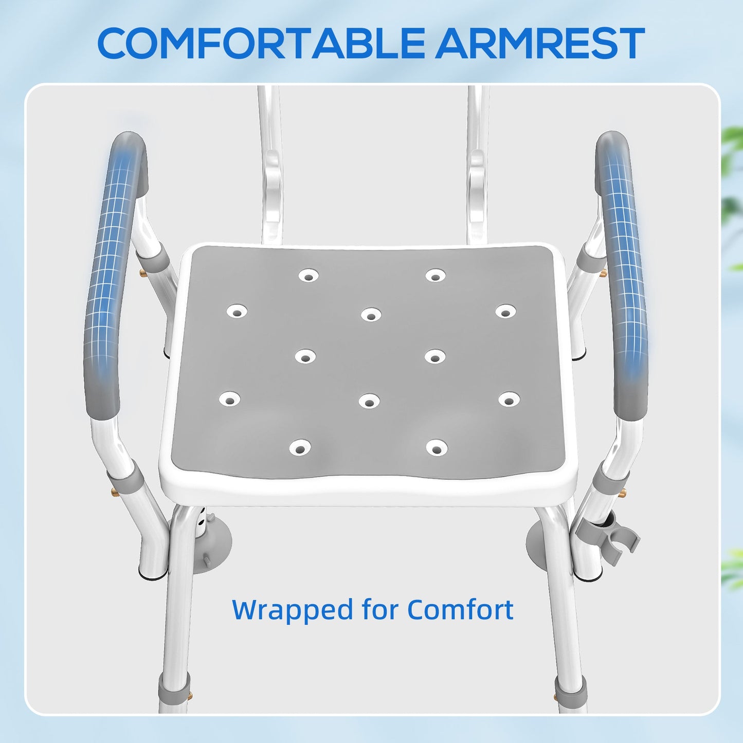 HOMCOM EVA Padded Shower Chair for the Elderly and Disabled, Height Adjustable Shower Stool with Back and Arms, 4 Suction Foot Pads, Light Grey