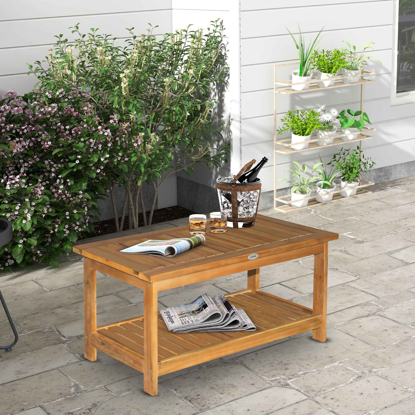 Outsunny 45 x 90cm Acacia Wood Two-Tier Garden Table