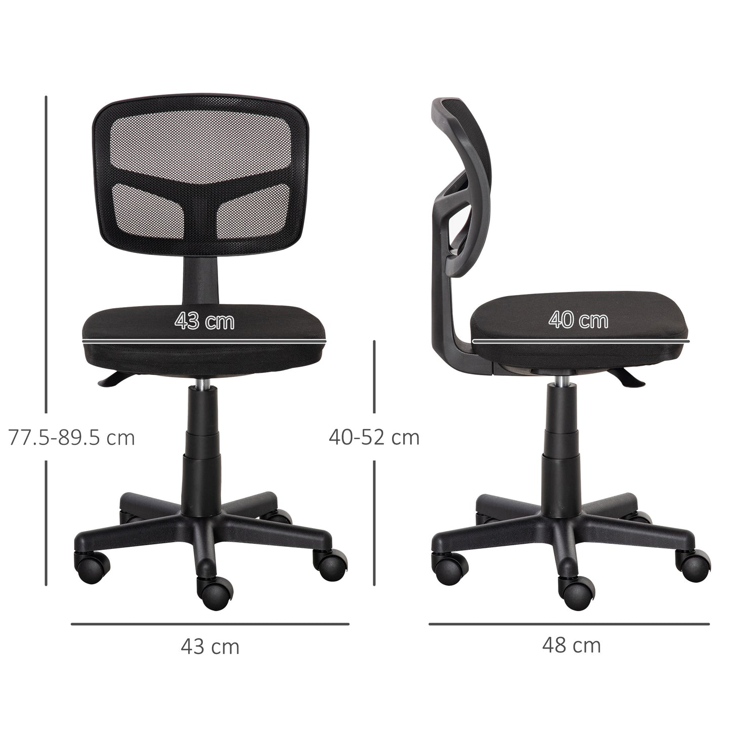 Krzesło biurowe Vinsetto Small Office Chair bez podłokietników, ergonomiczne obrotowe krzesło biurowe z siatki z zakrzywionym oparciem i kółkami, regulowana wysokość, do toaletki domowej, komputera, gabinetu, sypialni, udźwig do 120 kg