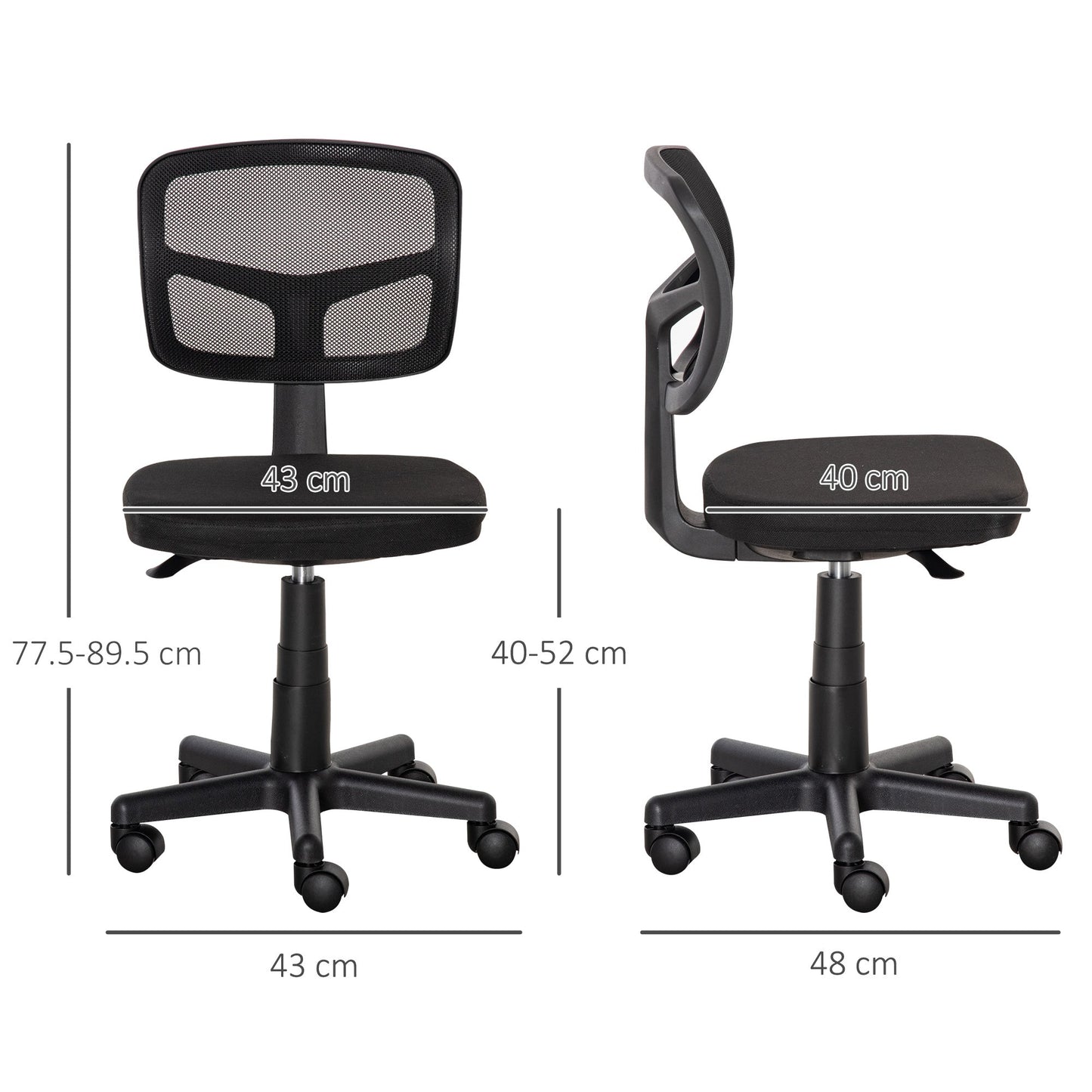 Vinsetto Small Office Chair without Arms, Ergonomic Swivel Mesh Desk Chair with Curved Back and Wheels, Height Adjustable, for Home Vanity Computer Dressing Table Study Bedroom, Holds Up to 120 kg