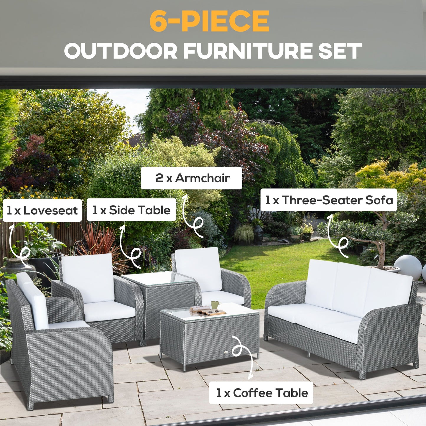 Outsunny 7 Seater Outdoor Rattan Garden Furniture Sets with Wicker Sofa, Reclining Armchair and Glass Table, 181x75x81cm, Grey