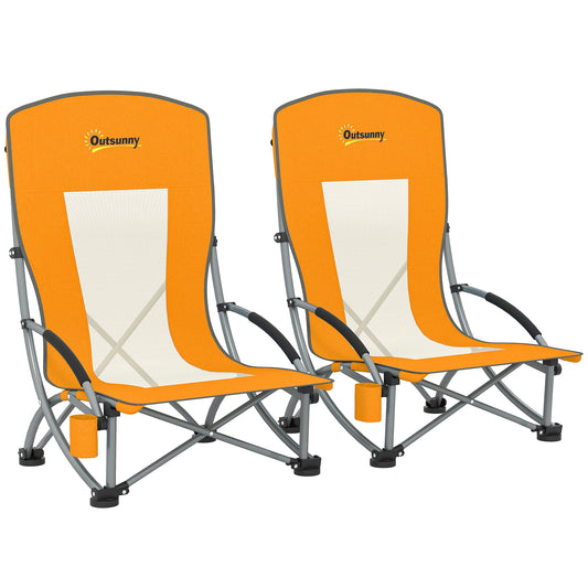 Outsunny Set of 2 Folding Beach Chair, Low Camping Chair with Mesh Back, Carry Bag and Cup Holder for Garden Outdoor Picnic Festival Travel, Orange