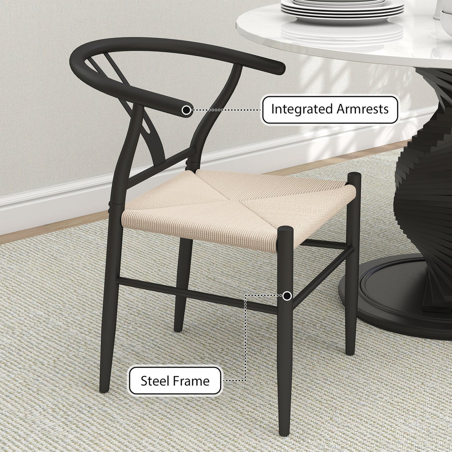 HOMCOM Set of Two Weave Dining Chairs with Y-Shaped Backrest Hemp Seat - Black/Beige