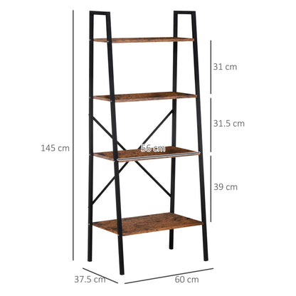 HOMCOM Ladder Shelf, Bookshelf, 4-Tier Industrial Storage Rack for Living Room, Bedroom, Kitchen, Rustic Brown and Black