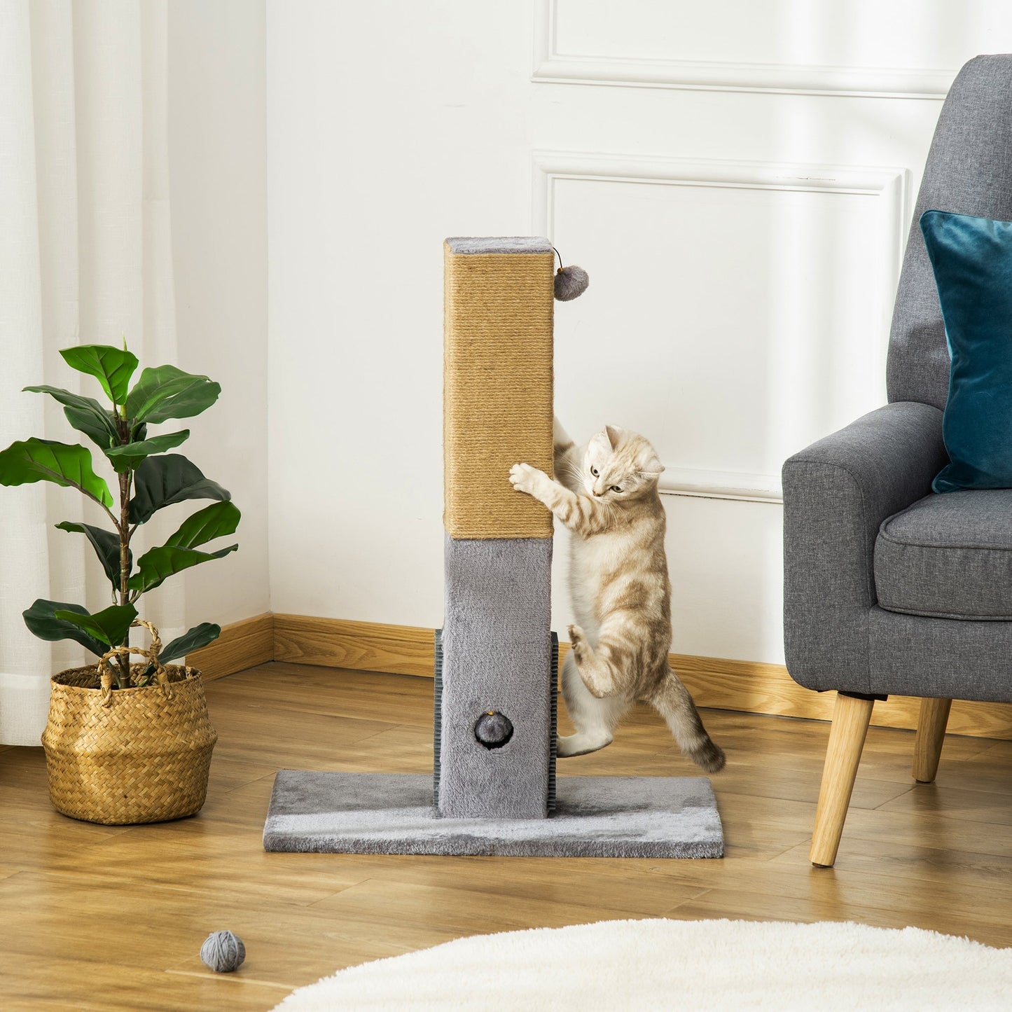 PawHut Cat Tree Scratching Post for Indoor Cats 79cm Jute Scratcher Climber w/ Carpet Base Dangling Toy Ð Grey