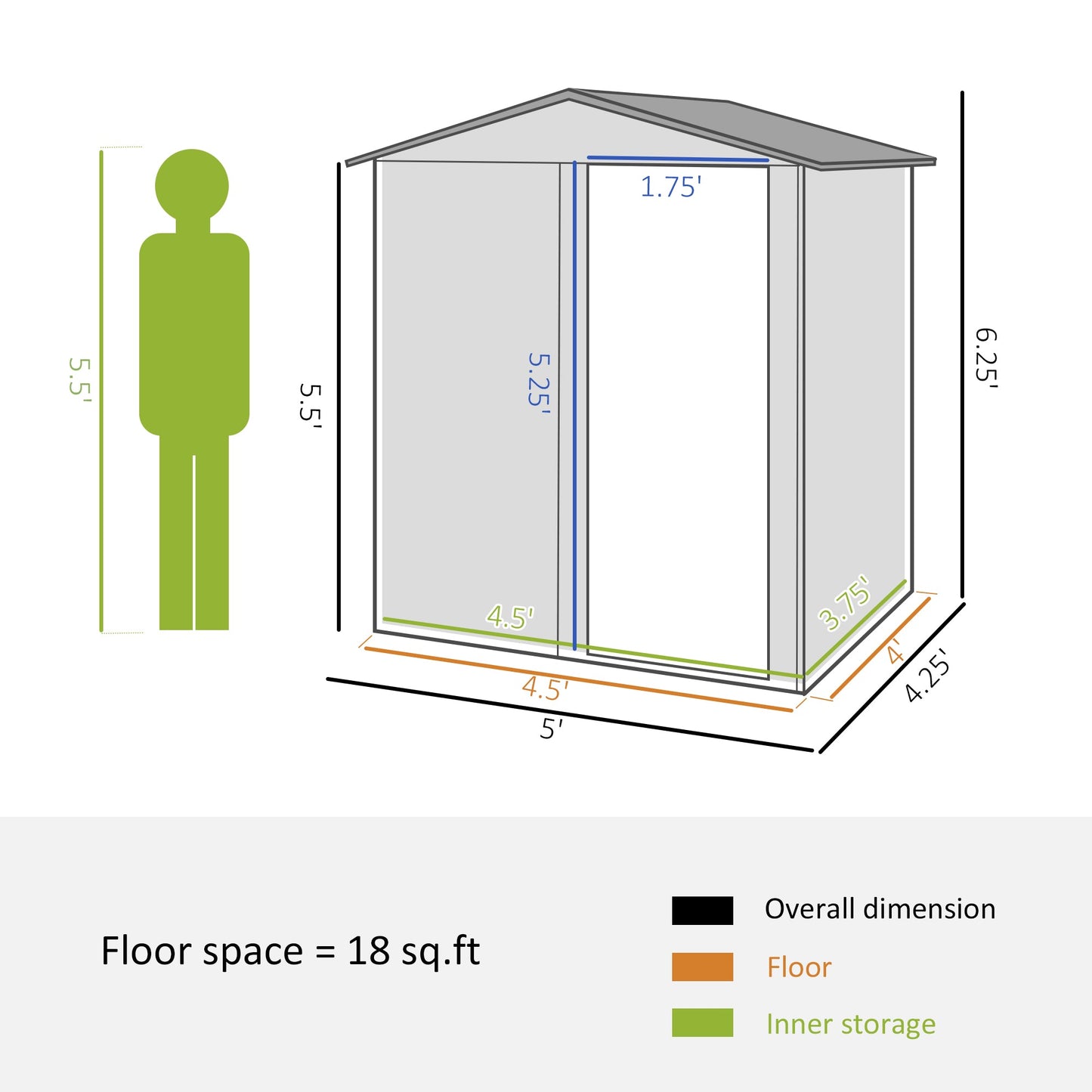 Outsunny Garden Metal Tool Storage Shed with Sliding Door, Sloped Roof and Floor Foundation, 152 x 132 x 188cm, Green