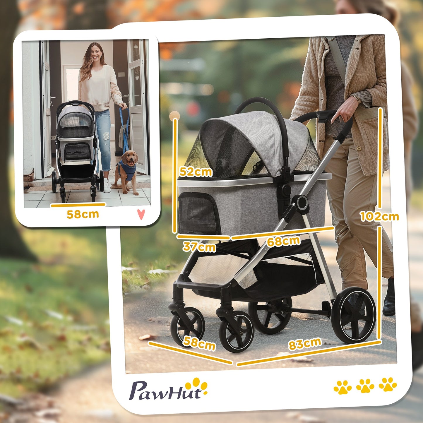 PawHut 3 in 1 One-Click Foldable Pet Stroller, Detachable Dog Cat Travel Pushchair, Car Seat w/ EVA Wheels, Basket, Adjustable Canopy, Safety Leash, Cushion, for Small Pets - Grey