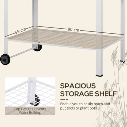 Outsunny Garden Outdoor Metal Potting Table Bench Planting Workstation Push Cart with Wheels Side Hanger - White