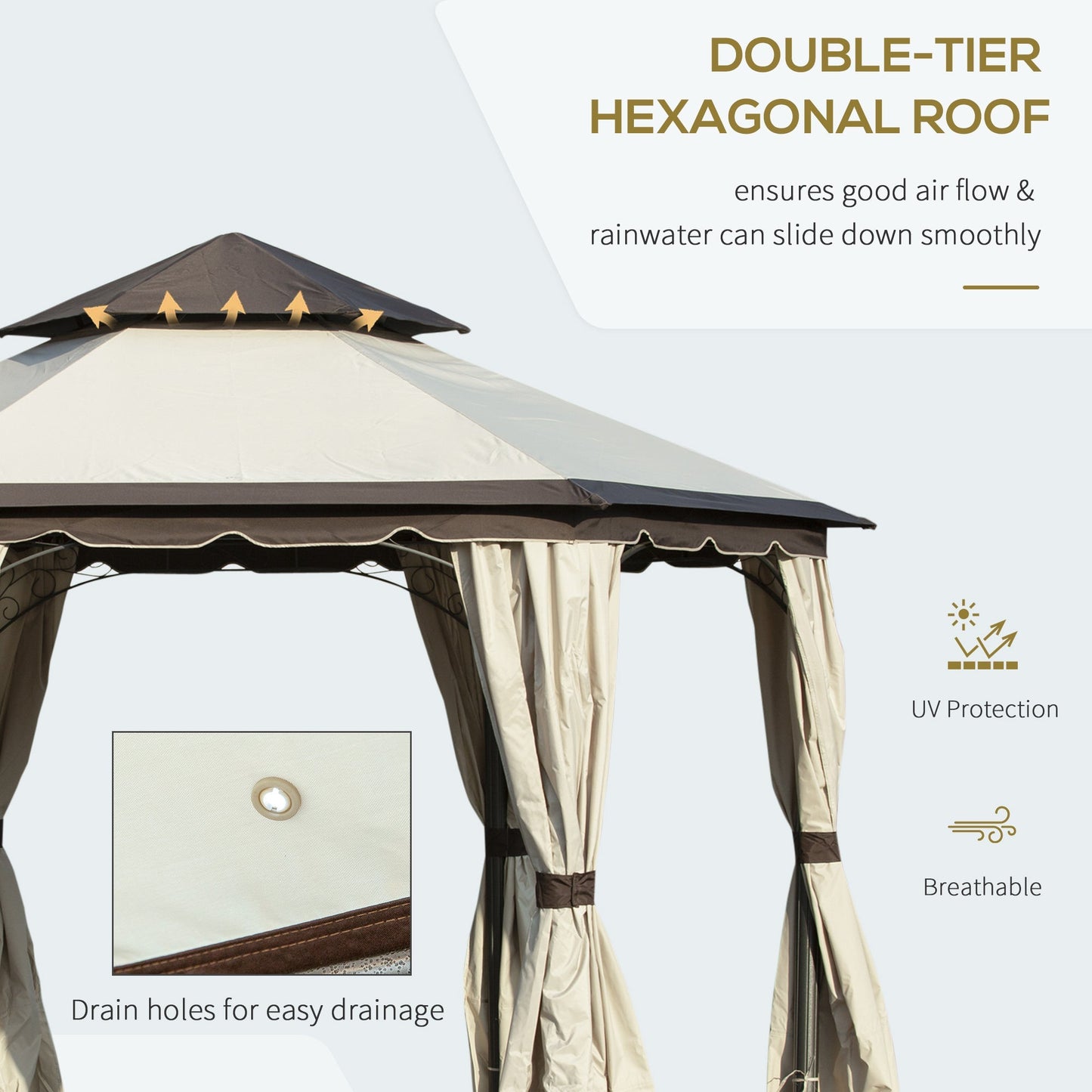 Outsunny 3.4m Steel Gazebo Canopy Party Tent Garden Pavilion Patio Shelter with Curtains & 2 Tier Roof, Beige