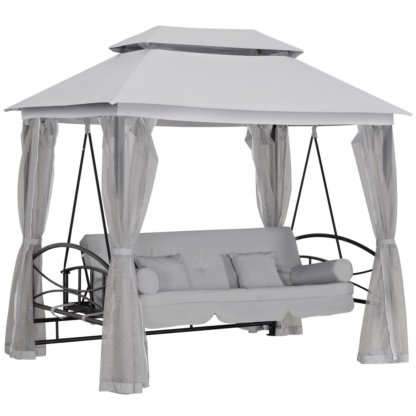 Outsunny 3 Seater Convertible Swing Chair, Outdoor Gazebo Swing Seat Bed with Double Tier Canopy, Cushioned Seat, Mesh Sidewalls, Light Grey