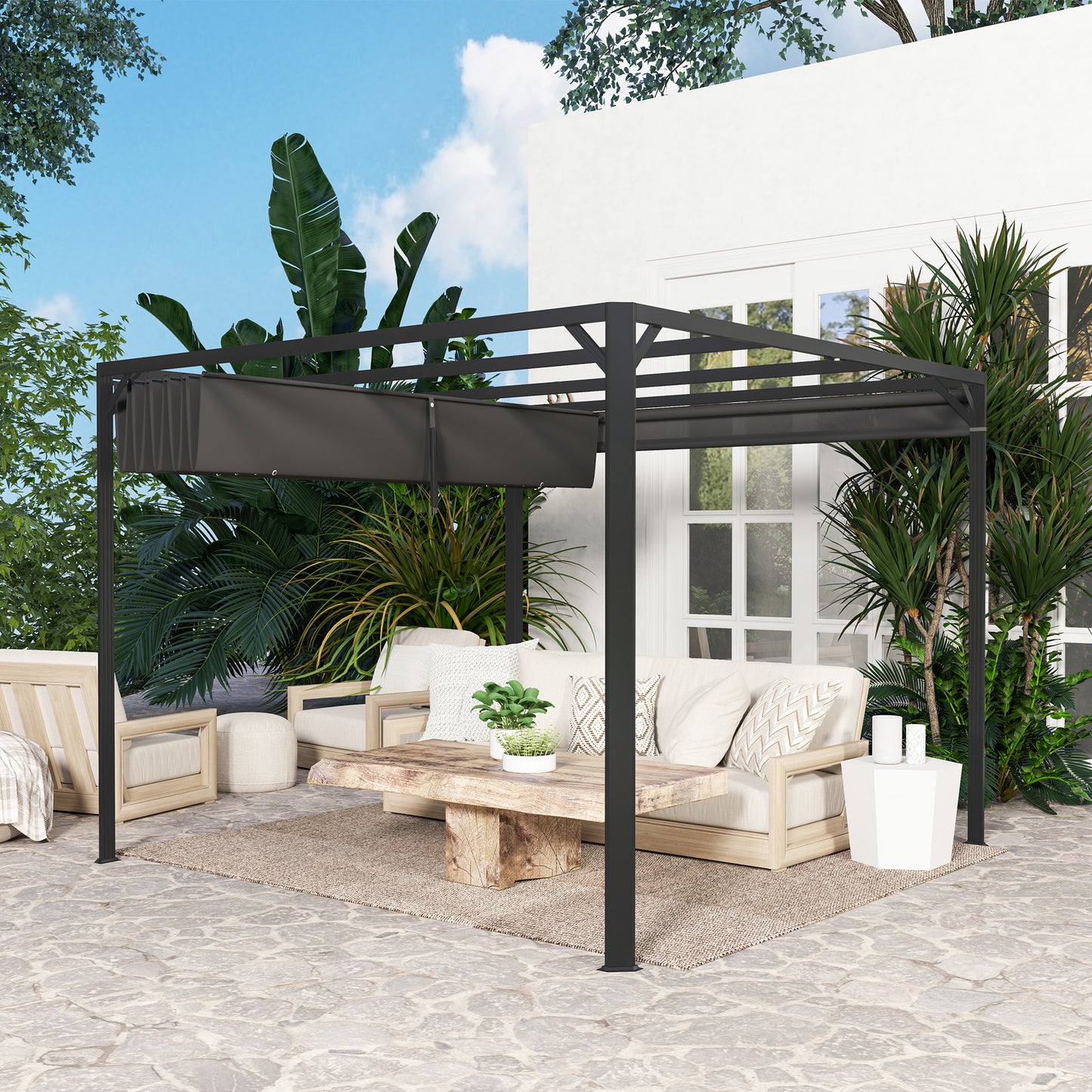 Outsunny 3 x 3m aluminiowa pergola z rozsuwanym dachem i ścianą - ciemnoszara