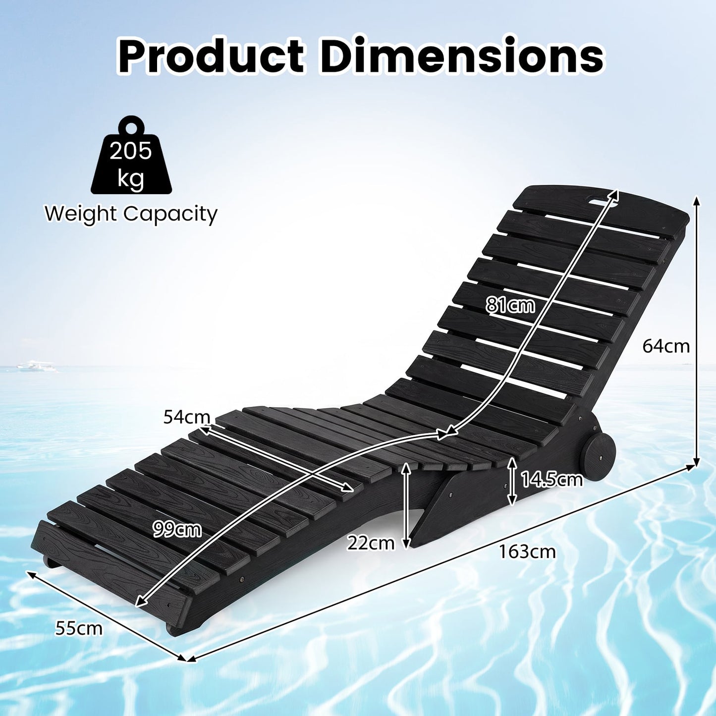 In-Pool Lounge Chair Ergonomic S-Curve HDPE Pool Chaise Lounger with Wheels-Black