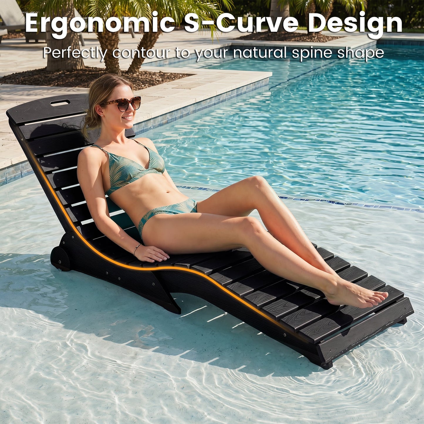 In-Pool Lounge Chair Ergonomic S-Curve HDPE Pool Chaise Lounger with Wheels-Black