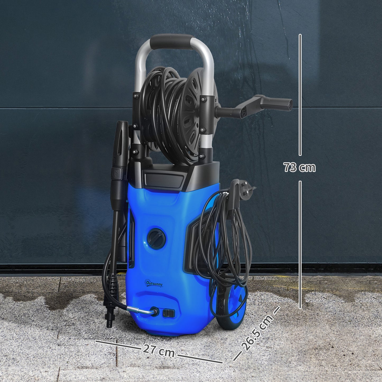 Myjka wysokociśnieniowa Outsunny 1800 W, ciśnienie 150 barów, przepływ 420 l/h, przenośna myjka ciśnieniowa z regulowaną dyszą, wąż 6 m, bęben na wąż, stalowy uchwyt do domu, patio, podjazdu samochodowego, niebieski