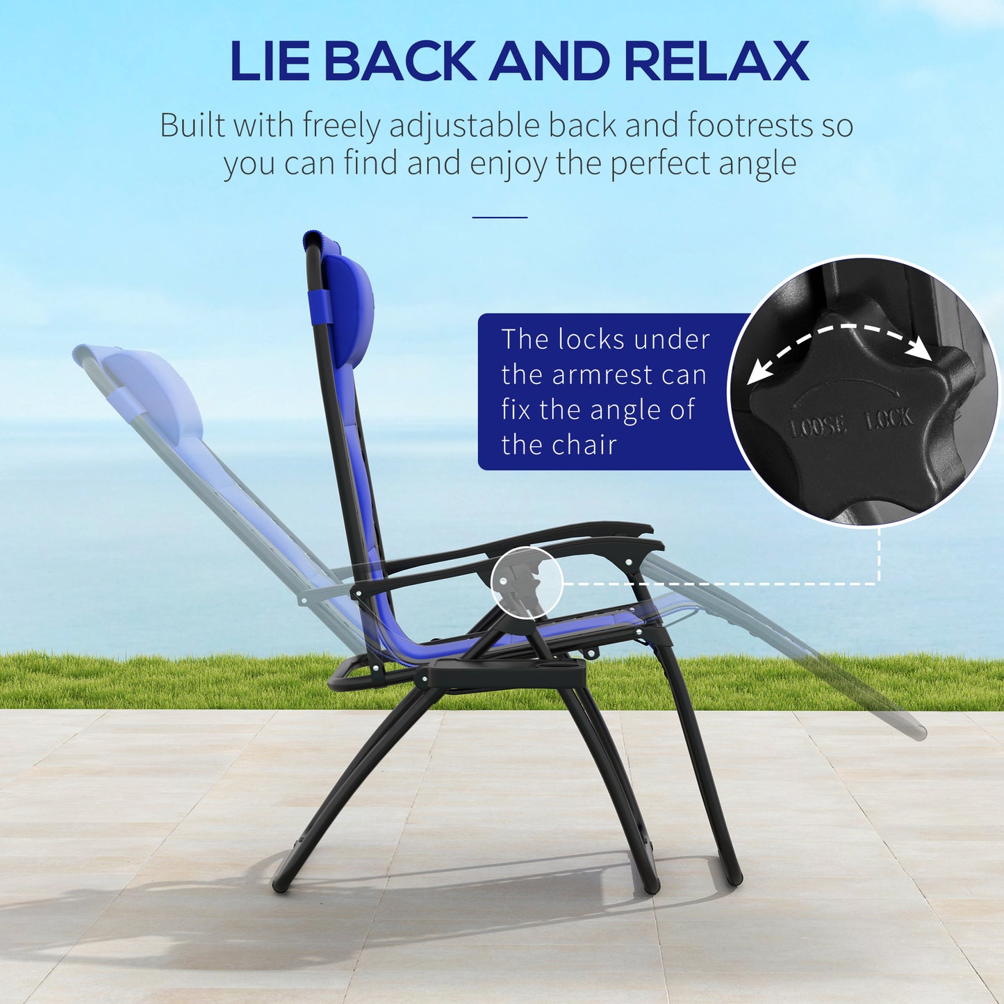 Outsunny Zero Gravity Lounger Chair, składany rozkładany fotel ogrodowy z wyściełanym siedziskiem, uchwytem na kubek, miękką poduszką i zagłówkiem do użytku przy basenie, kempingowy, niebieski
