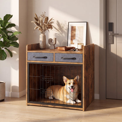 Indoor Dog Cage with 2 Fabric Drawers and Lockable Door-Rustic Brown