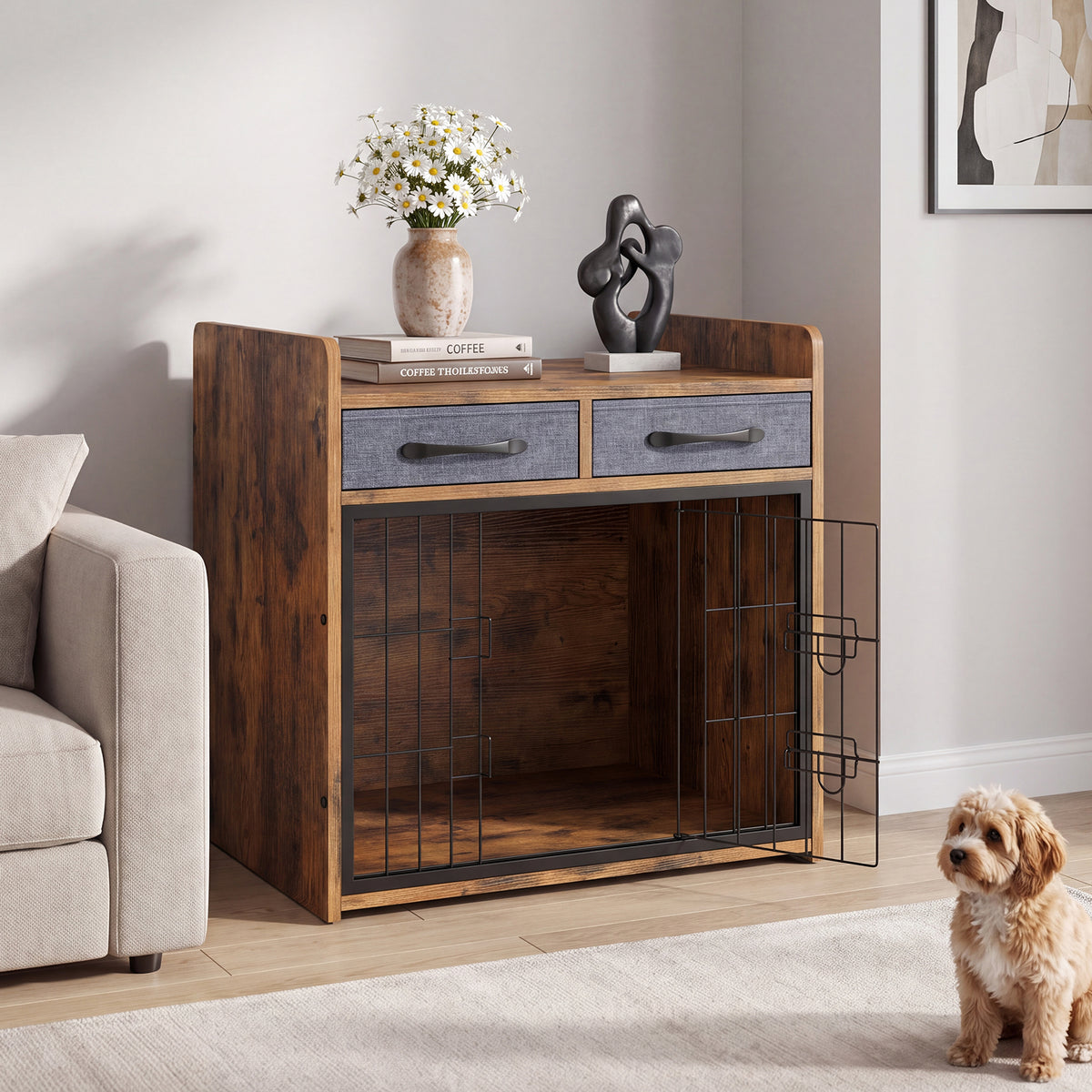 Indoor Dog Cage with 2 Fabric Drawers and Lockable Door-Rustic Brown