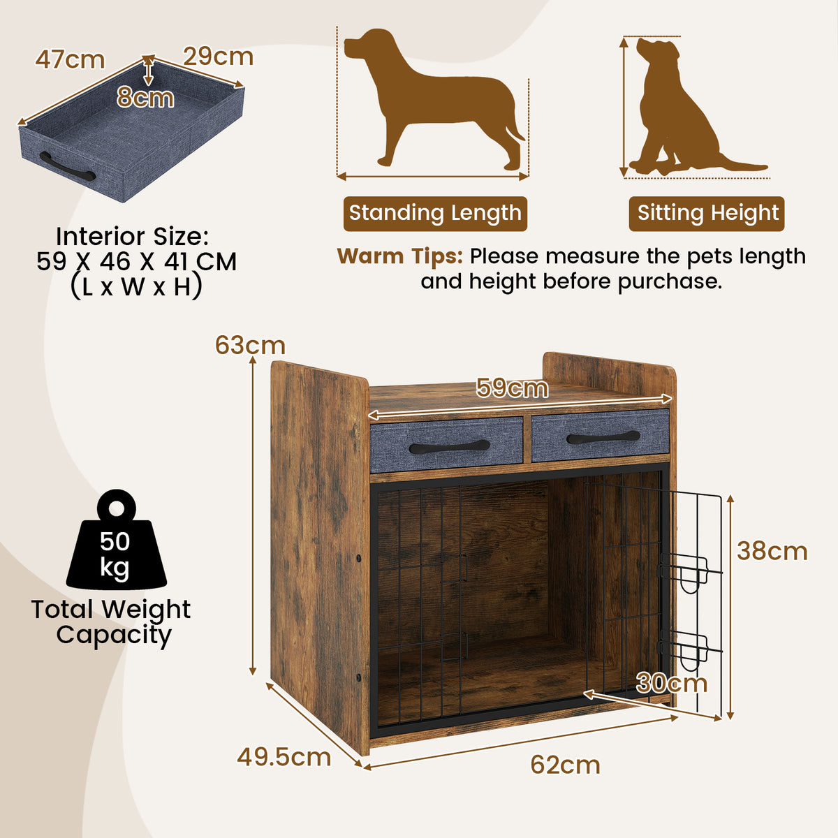 Indoor Dog Cage with 2 Fabric Drawers and Lockable Door-Rustic Brown