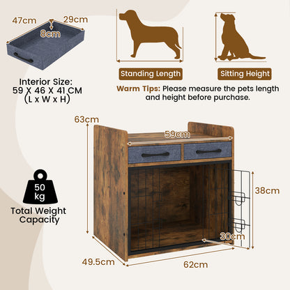 Indoor Dog Cage with 2 Fabric Drawers and Lockable Door-Rustic Brown