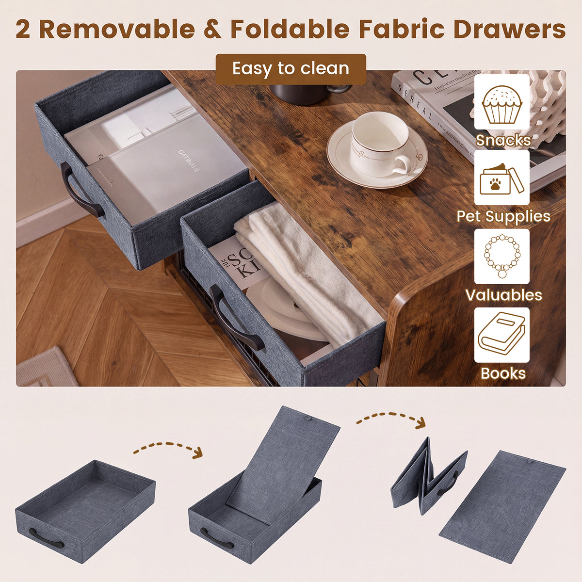 Indoor Dog Cage with 2 Fabric Drawers and Lockable Door-Rustic Brown