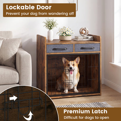 Indoor Dog Cage with 2 Fabric Drawers and Lockable Door-Rustic Brown