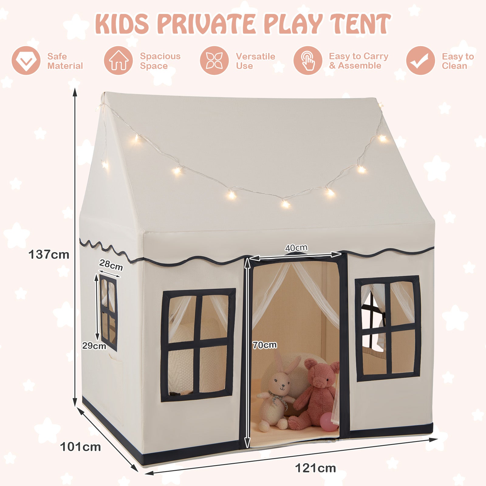 Indoor Kids Play Tent with Star Lights for Children Boys Girls Gift-Beige