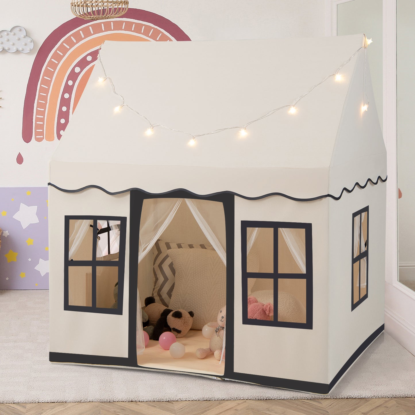 Indoor Kids Play Tent with Star Lights for Children Boys Girls Gift-Beige