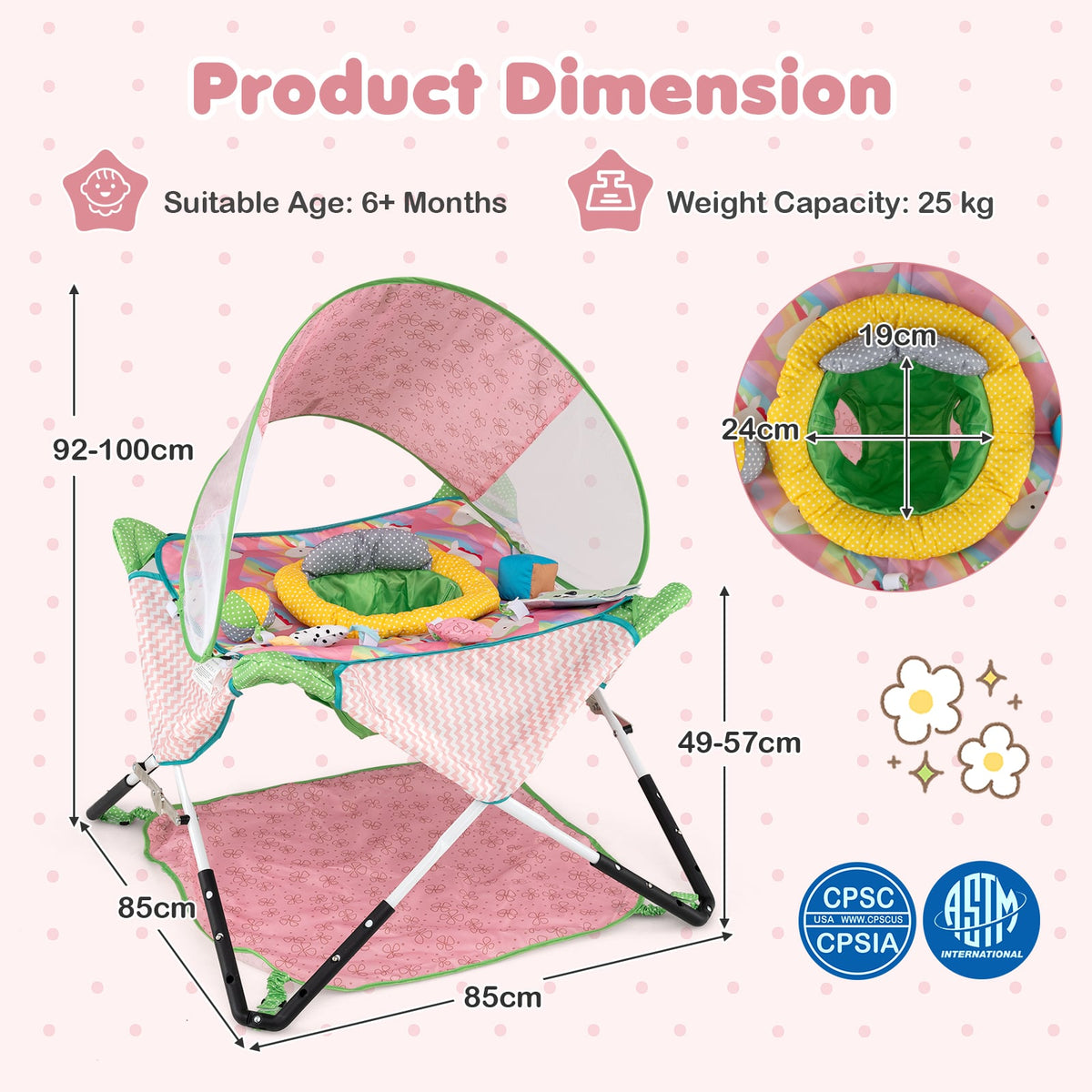 Indoor/Outdoor Infant Activity Center with Interactive Toys and 3 Adjustable Heights for 6+ Months-Pink