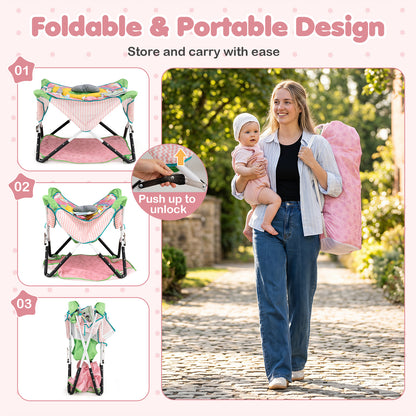 Indoor/Outdoor Infant Activity Center with Interactive Toys and 3 Adjustable Heights for 6+ Months-Pink