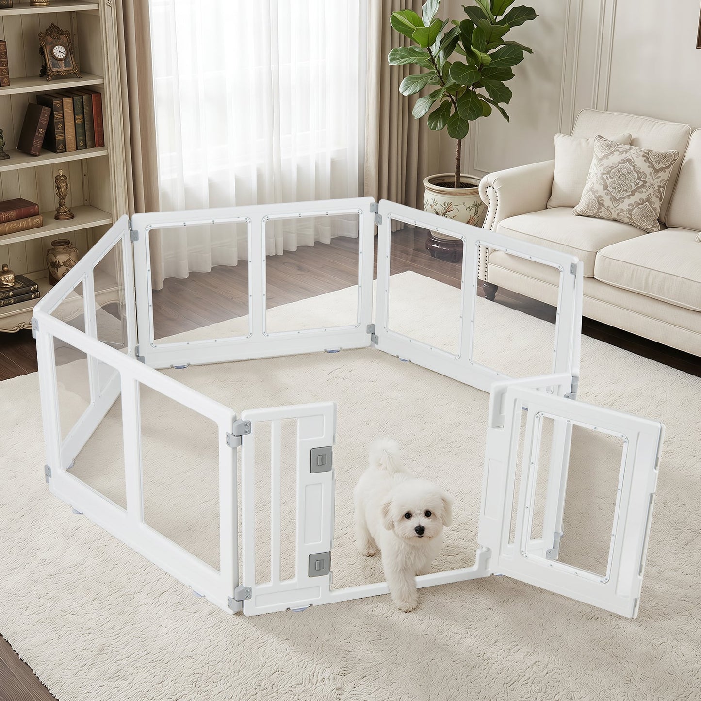 Indoor Outdoor Transparent Puppy Play Pen Pet Fence for Small to Medium Dogs-6 Panels