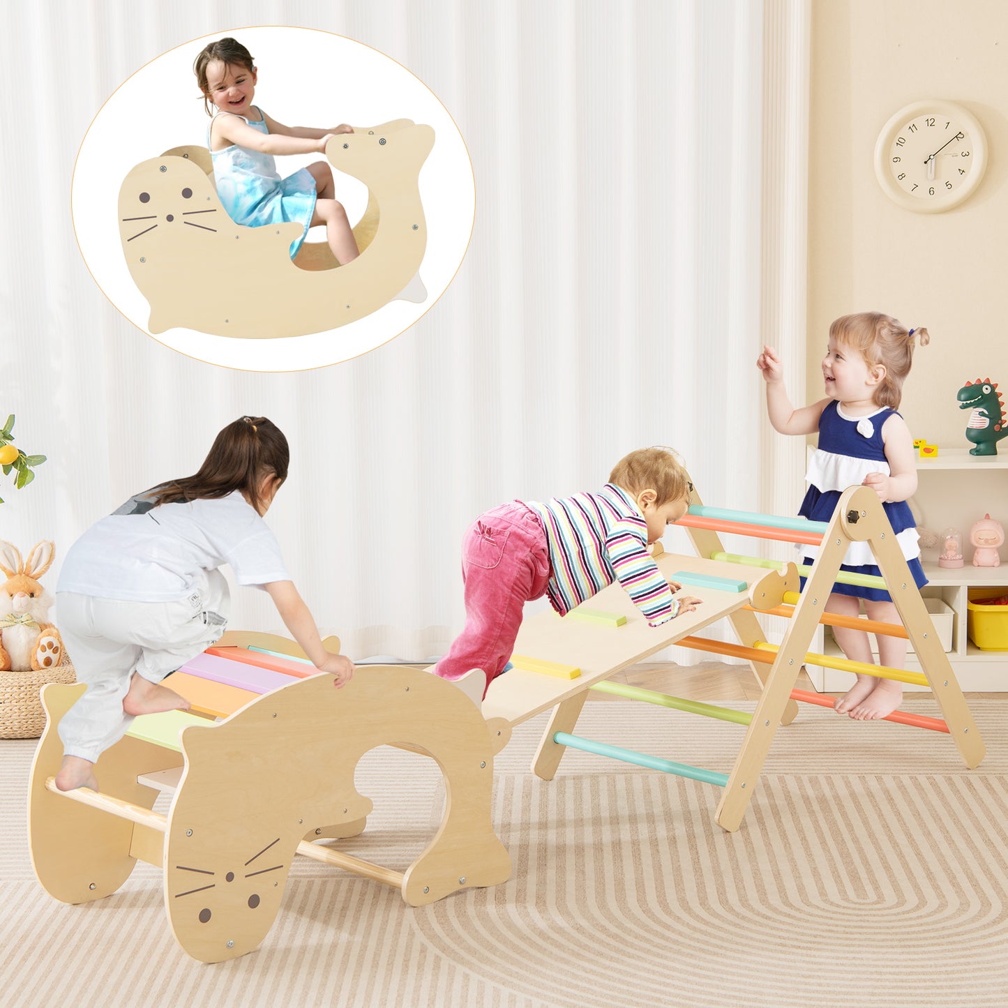 7-in-1 Indoor Wooden Foldable Climbing Toys for Toddlers-Multicolor