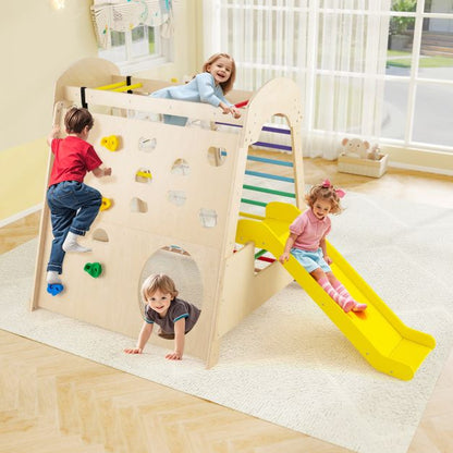 8-in-1 Indoor Jungle Gym Wooden Playground with Climbing Wall-Colourful