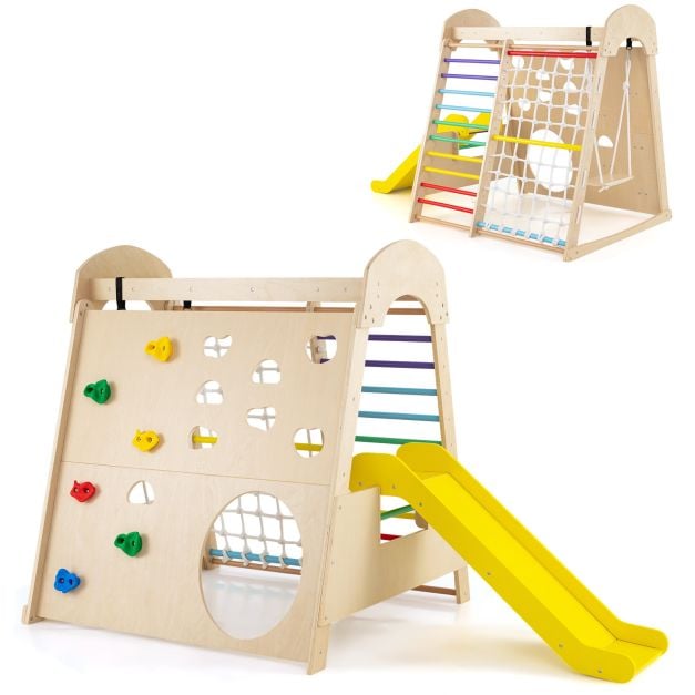 8-in-1 Indoor Jungle Gym Wooden Playground with Climbing Wall-Colourful