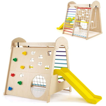 8-in-1 Indoor Jungle Gym Wooden Playground with Climbing Wall-Colourful