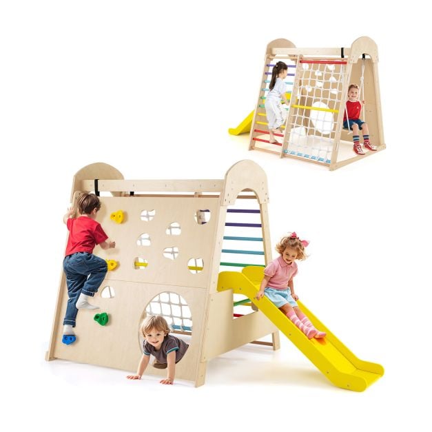 8-in-1 Indoor Jungle Gym Wooden Playground with Climbing Wall-Colourful