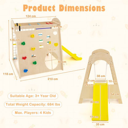 8-in-1 Indoor Jungle Gym Wooden Playground with Climbing Wall-Colourful