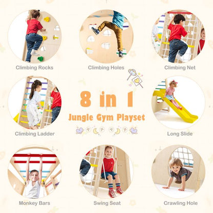 8-in-1 Indoor Jungle Gym Wooden Playground with Climbing Wall-Colourful