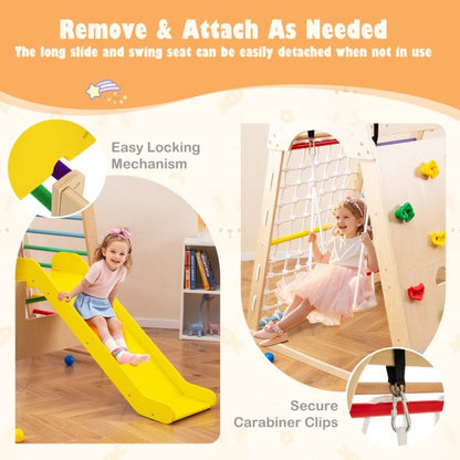 8-in-1 Indoor Jungle Gym Wooden Playground with Climbing Wall-Colourful