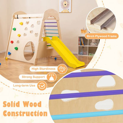 8-in-1 Indoor Jungle Gym Wooden Playground with Climbing Wall-Colourful