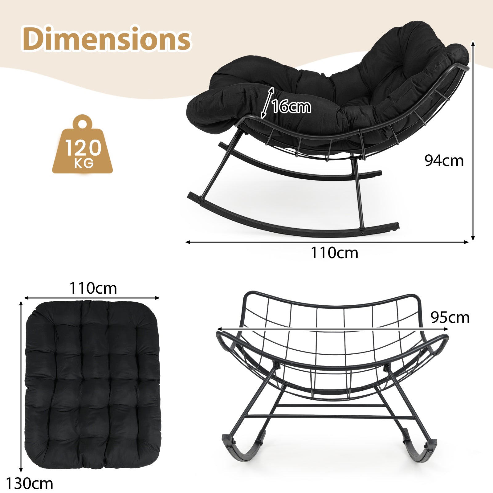 Indoor Outdoor Rocking Chair Oversized Egg Papasan Chair-Black
