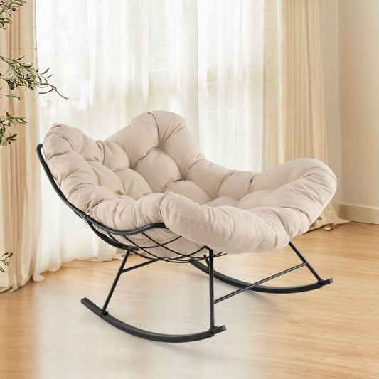 Oversized Papasan Patio Rocking Chair with Padded Cushion and Metal Frame-Beige