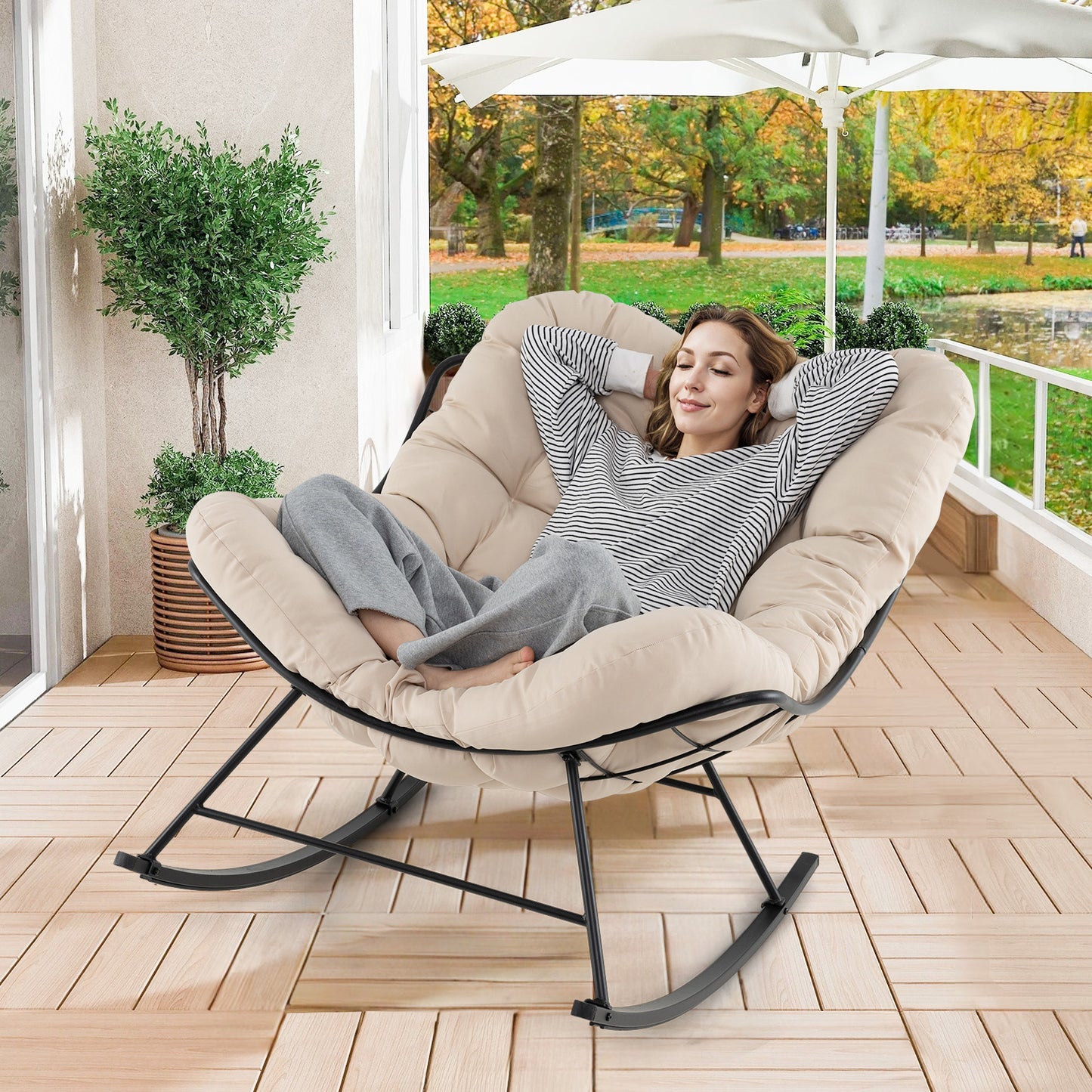 Indoor Outdoor Rocking Chair Oversized Egg Papasan Chair-Beige